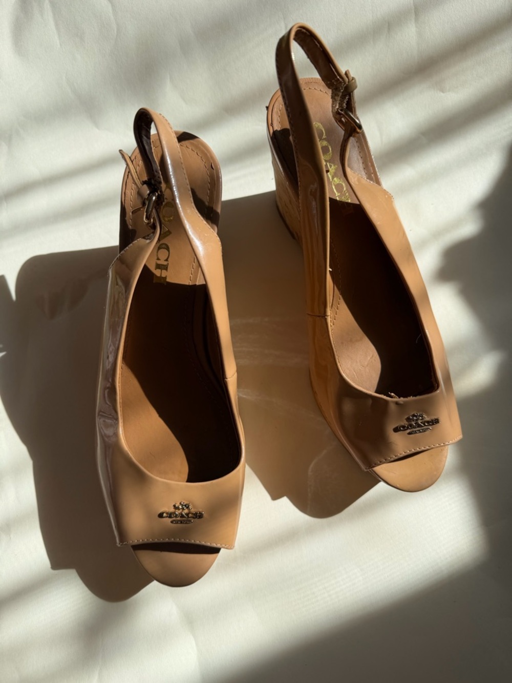 Coach Nude/Tan Peep-Toe Leather wedges with Logo Accent - Picture 2 of 10